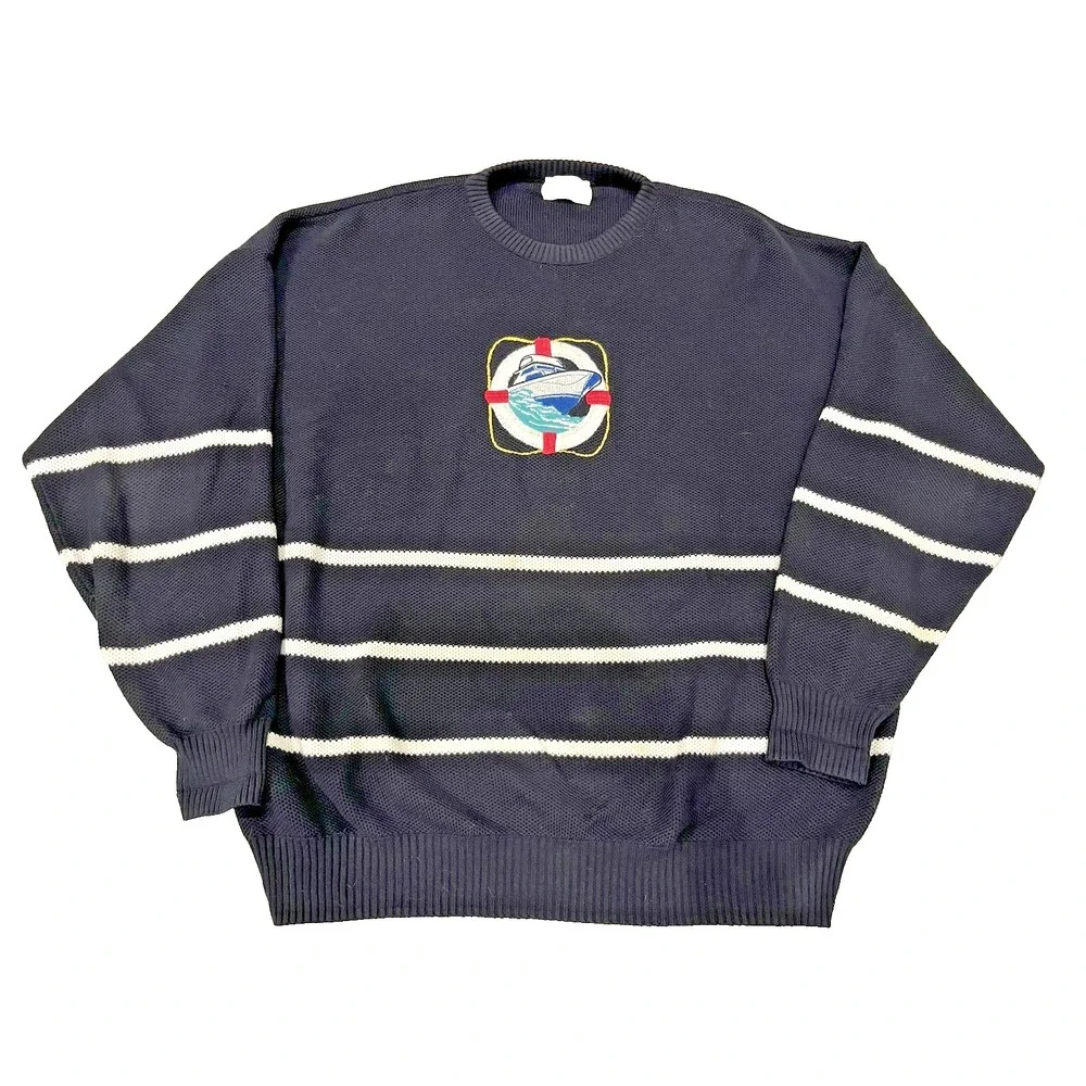 Lord Jeff Sweater Mens 2XL Navy Striped Fine Cotton Nautical Sailboat Vintage